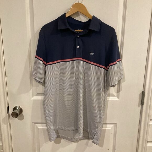 Vineyard Vines Performance Polo Shirt‎ Mens Medium M Dark Light Blue Stripe Golf - Picture 1 of 8